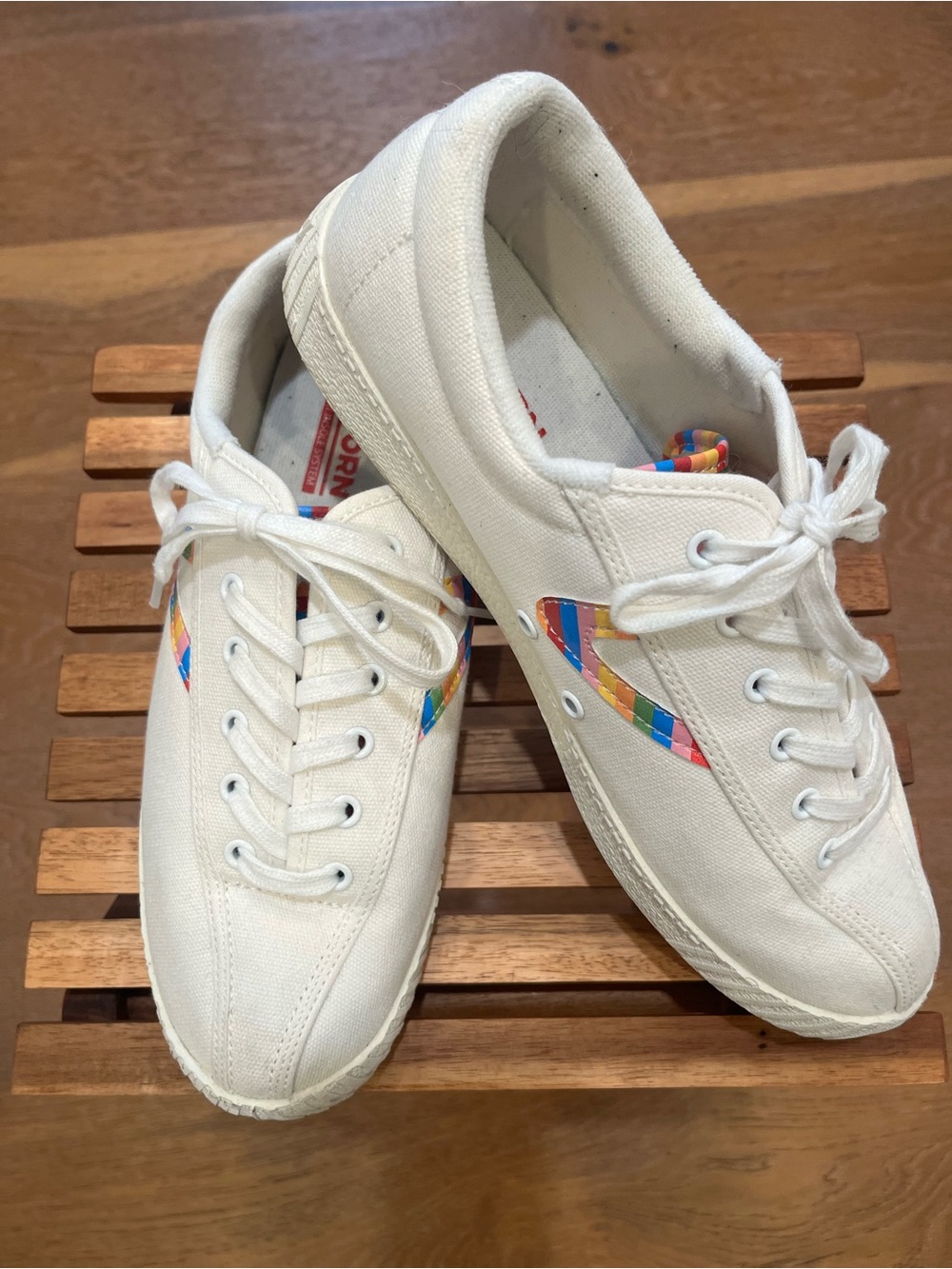 Tretorn White Canvas Sneakers with Rainbow Stripe Accent